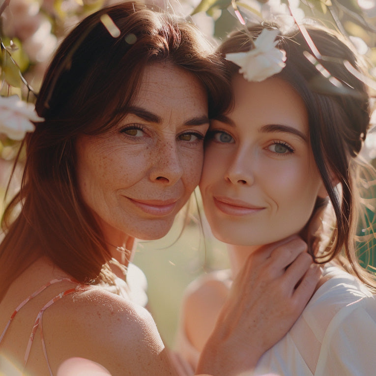 „Mutter und Tochter lachen und umarmen sich liebevoll an einem sonnigen Tag.“