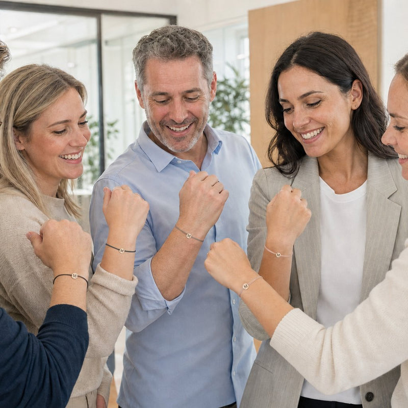 Team im Büro zeigt gemeinsam gravierte Silber-Armbänder mit Firmenlogo als Weihnachts-Mitarbeitergeschenk