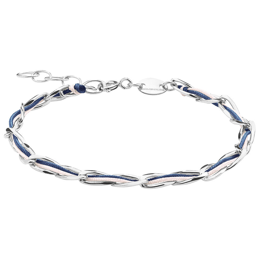 Armband Unico 925 Sterling Silber rhodiniert, Textil dunkelblau und babyrosa