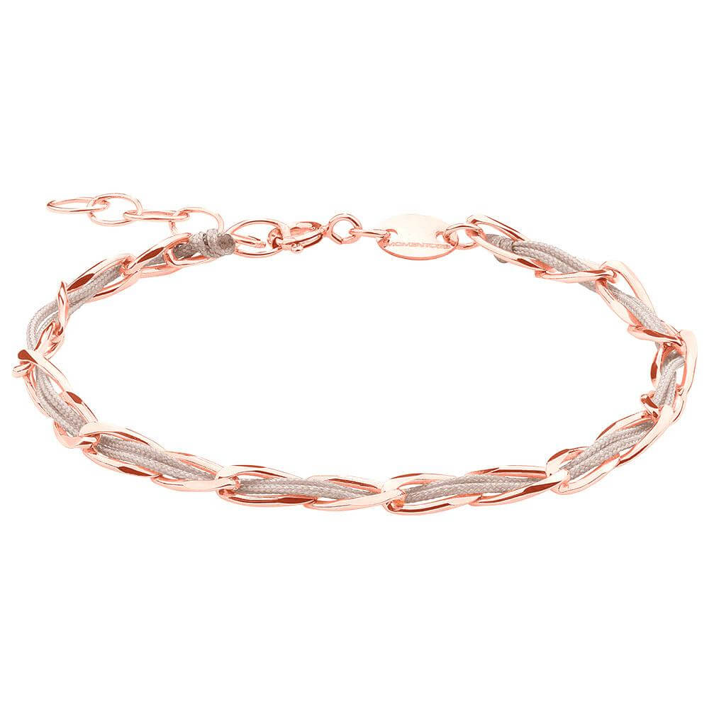 Armband Unico 925 Silber rosé vergoldet mit Textilband braun-beige