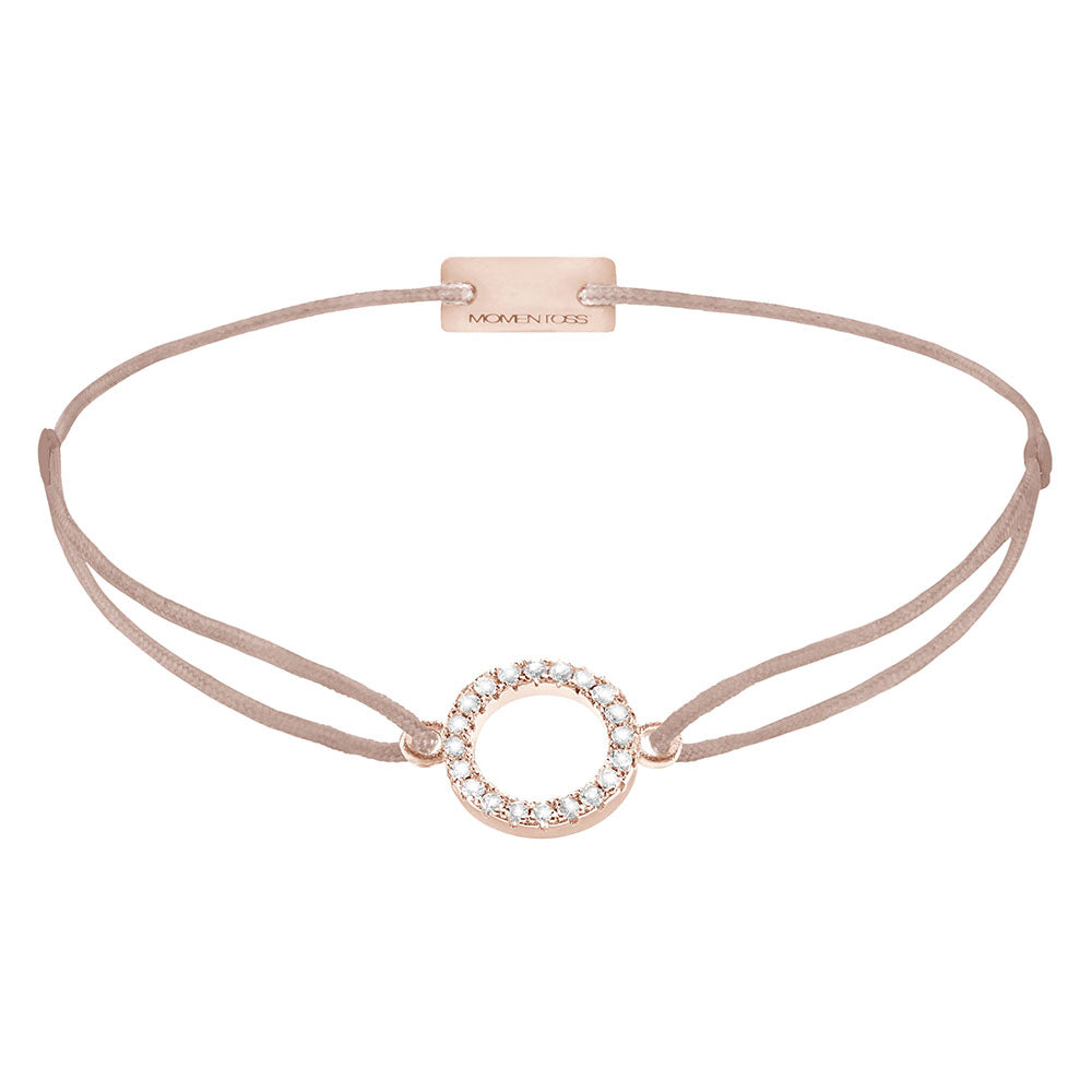 Armband Kreis Zirkonia 925 Sterling Silber rosé vergoldet, Textilband braun-beige