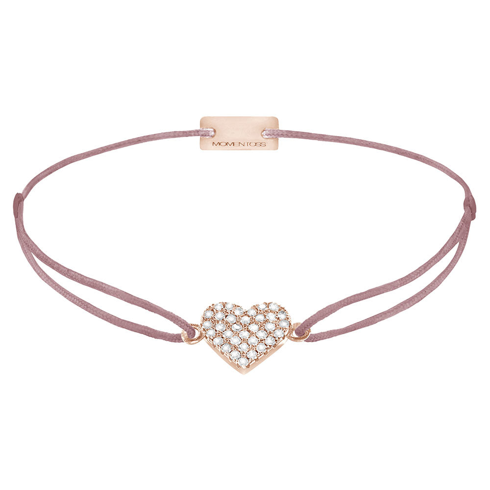 Herz-Armband pavé mit Zirkonia, 925 Sterling Silber rosé vergoldet, Textilband rosa-braun