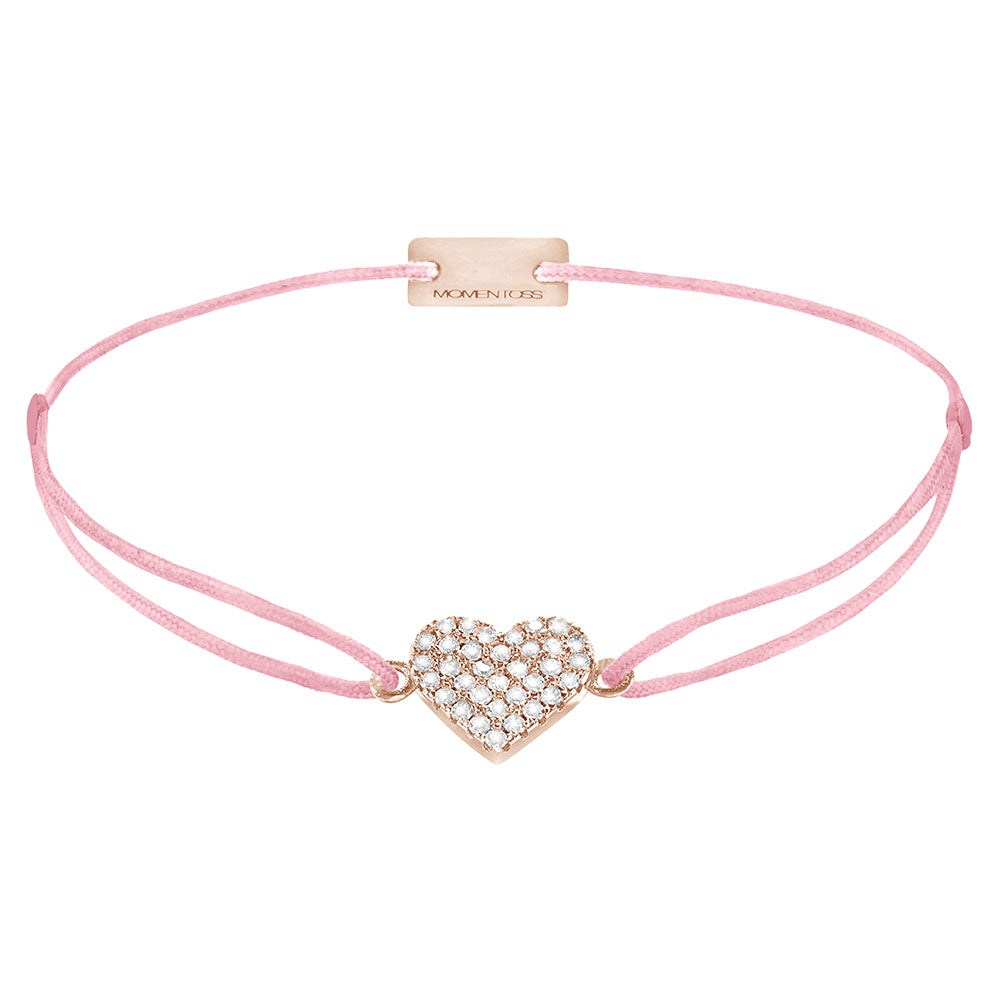 Herz-Armband pavé mit Zirkonia, 925 Sterling Silber rosé vergoldet, Textilband dunkelrosa