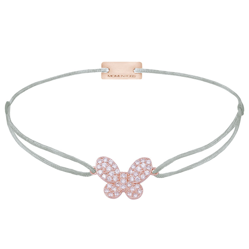 Schmetterling-Armband mit Zirkonia, 925 Sterling Silber rosé vergoldet, Textilband hellgrau