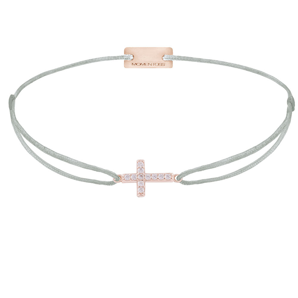 Kreuz-Armband mit Zirkonia, 925 Sterling Silber rosé vergoldet, Textilband hellgrau