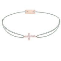 Kreuz-Armband mit Zirkonia, 925 Sterling Silber rosé vergoldet, Textilband hellgrau
