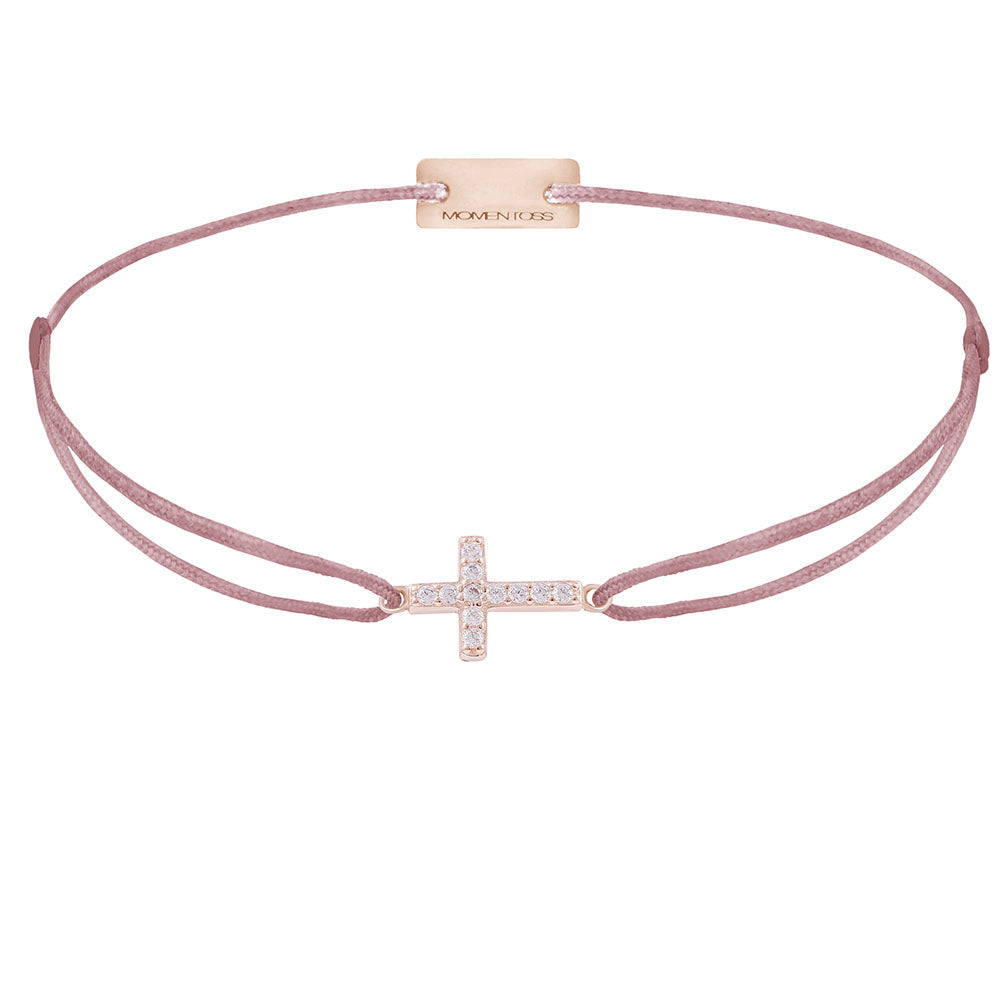 Kreuz-Armband 925 Sterling Silber rosé vergoldet mit Zirkonia, Textilband rosa-braun, stufenlos verstellbar