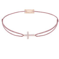 Kreuz-Armband 925 Sterling Silber rosé vergoldet mit Zirkonia, Textilband rosa-braun, stufenlos verstellbar