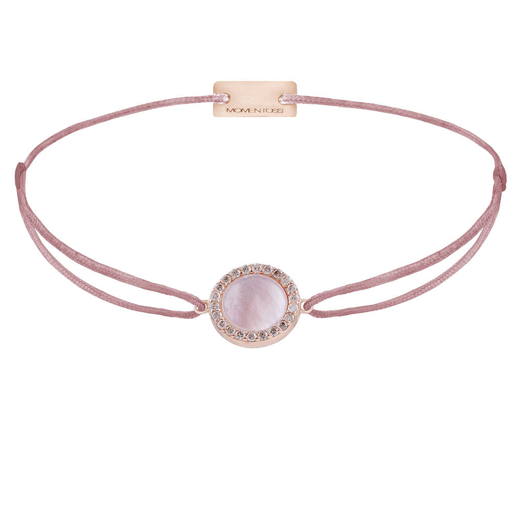 Perlmutt-Armband mit Zirkonia-Kranz, 925 Sterling Silber rosé vergoldet, Textilband rosa-braun