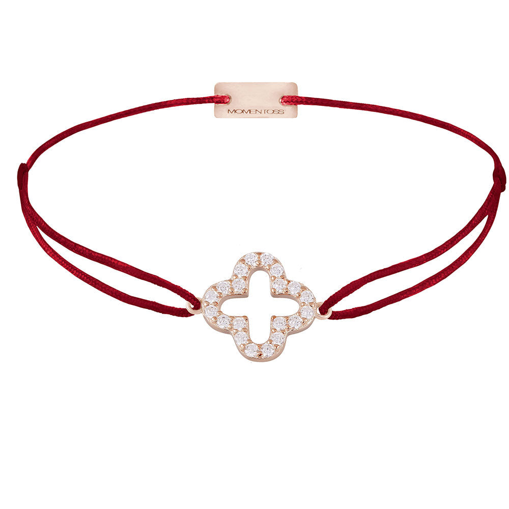 Armband Cloverleaf Zirkonia 925 Silber rosé vergoldet, Textilband dunkelrot