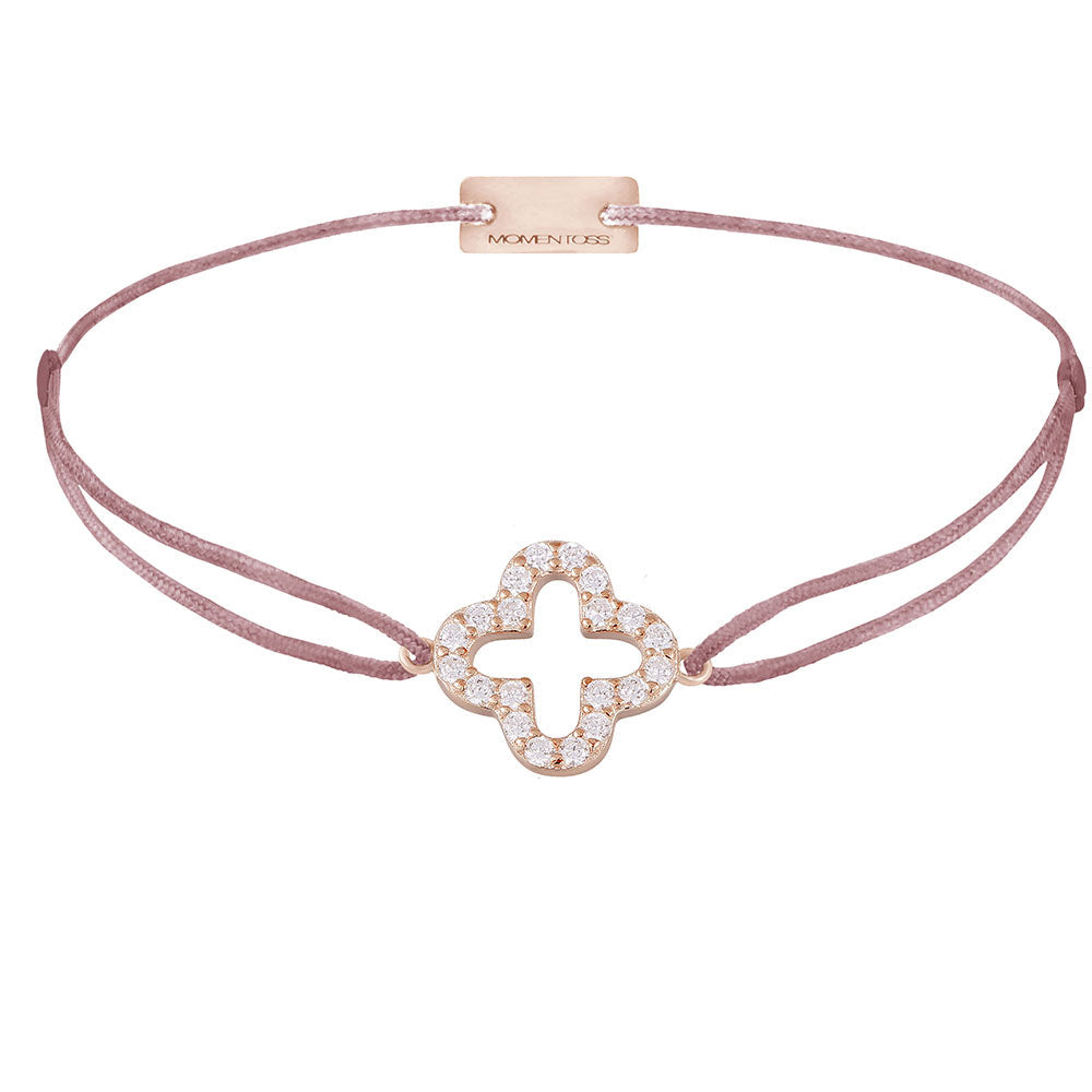 Kleeblatt-Armband Cloverleaf mit Zirkonia, 925 Sterling Silber rosé vergoldet, Textilband rosa-braun