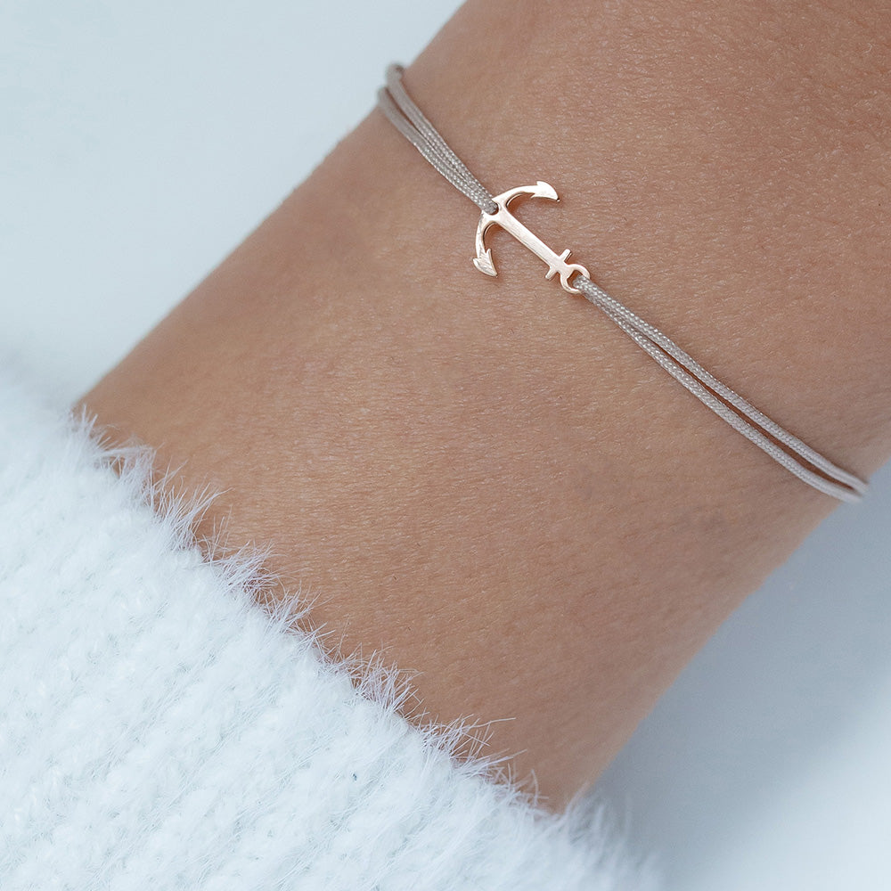 Anker-Armband 925 Sterling Silber rosé vergoldet, Textilband braun-beige, Nahaufnahme