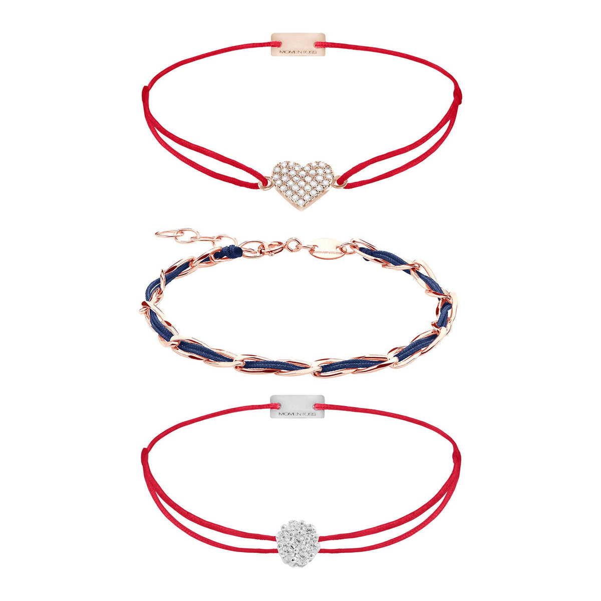 Armband Set Rot-Dunkelblau, alle drei Armbänder im Überblick: Herz pavé, Unico und Zirkonia aus 925 Sterling Silber