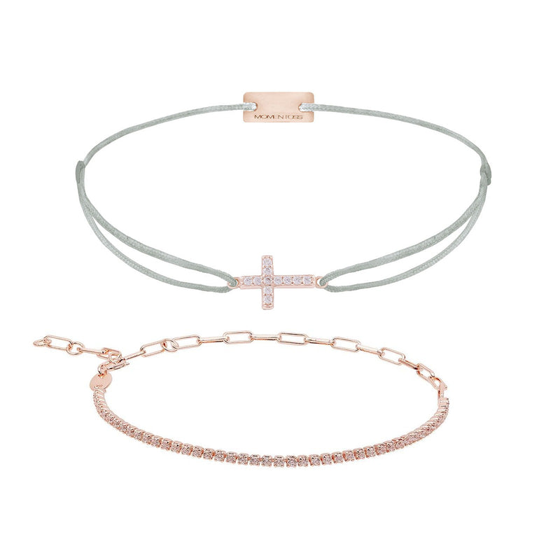 Armband Set Hellgrau, beide Armbänder im Überblick: Kreuz Zirkonia und Unico Zirkonia aus 925 Sterling Silber rosé vergoldet