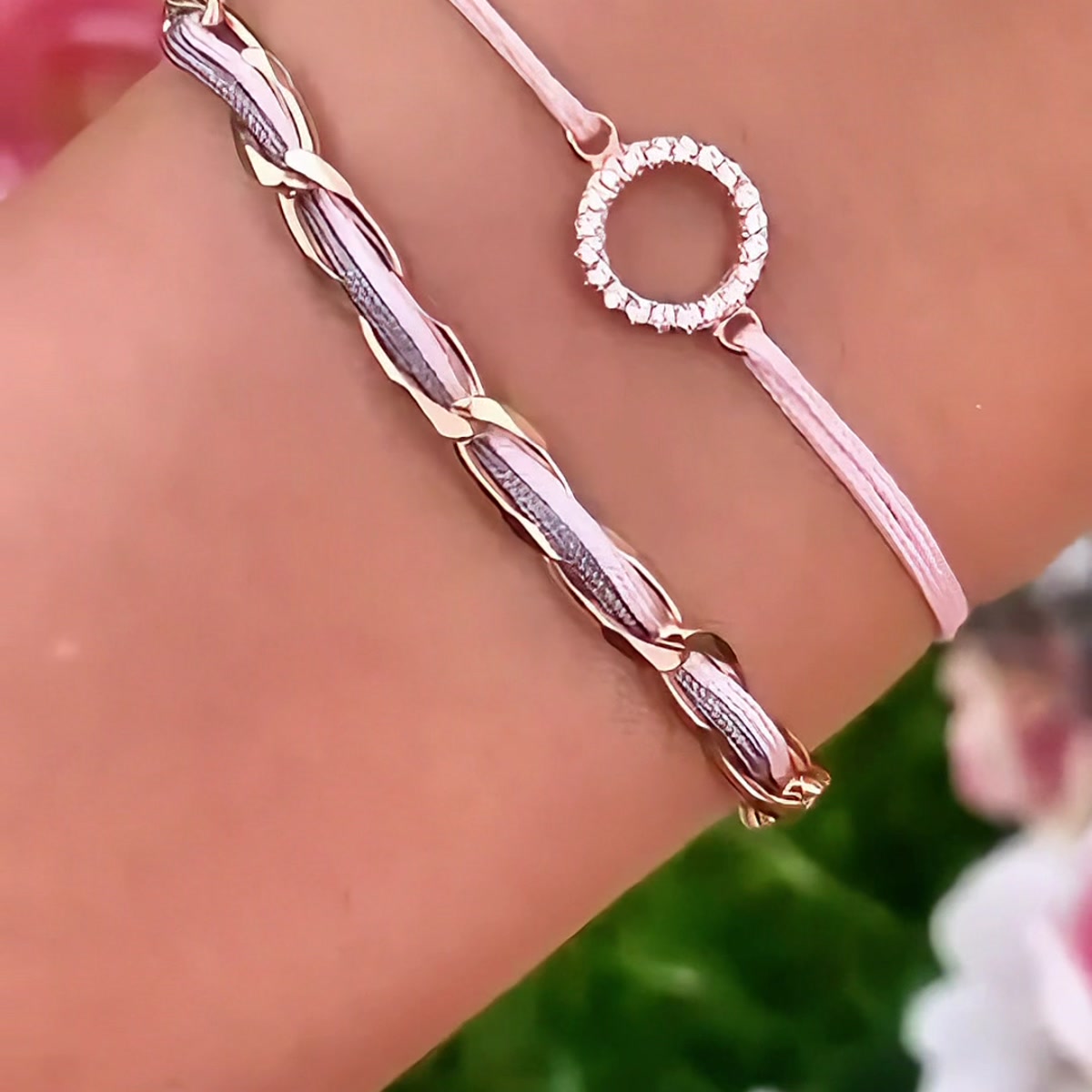 Armband Set Lila-Rosa Unico und Kreis Zirkonia 925 Silber rosé am Handgelenk