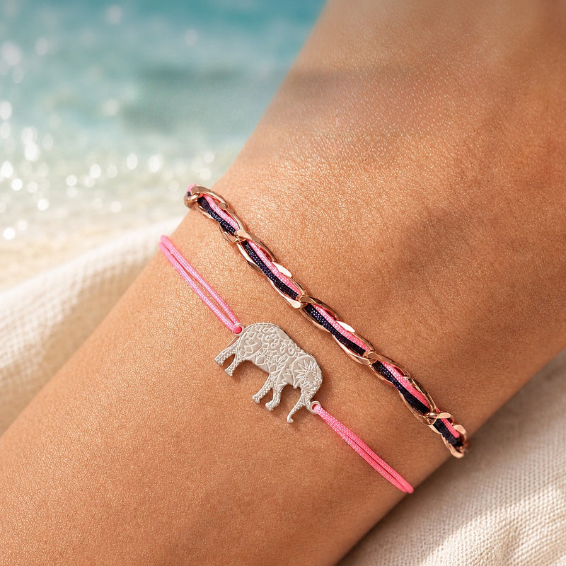 Armband Set Pink am Handgelenk: Elefant-Armband pink rhodiniert und Unico Armband pink-dunkelblau aus 925 Sterling Silber rosé vergoldet
