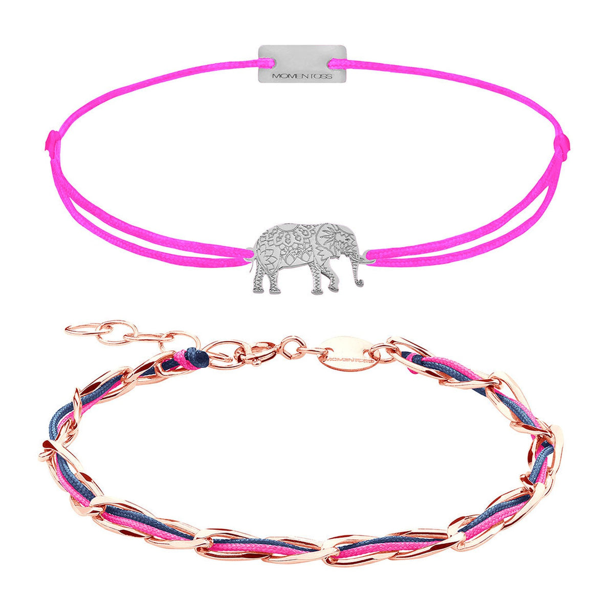 Armband Set Pink, beide Armbänder im Überblick: Elefant-Armband pink und Unico Armband pink-dunkelblau aus 925 Sterling Silber