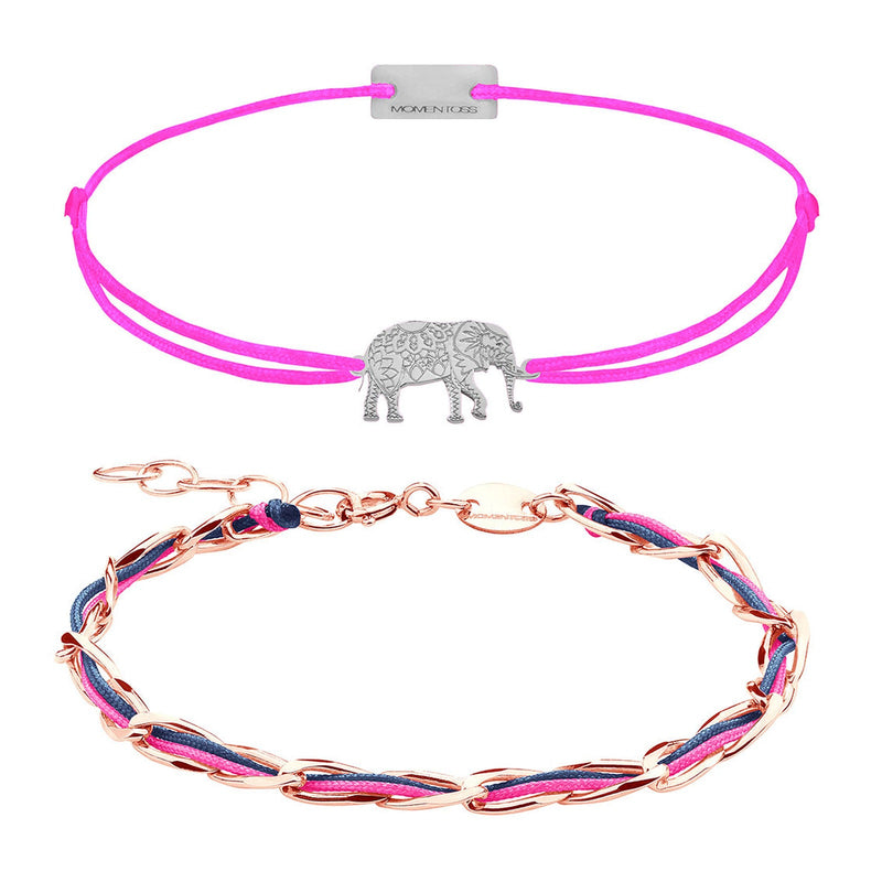 Armband Set Pink, beide Armbänder im Überblick: Elefant-Armband pink und Unico Armband pink-dunkelblau aus 925 Sterling Silber