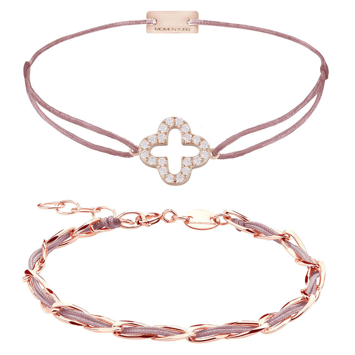 Armband Set Rosa-Braun, beide Armbänder im Überblick: Cloverleaf Zirkonia und Unico aus 925 Sterling Silber rosé vergoldet