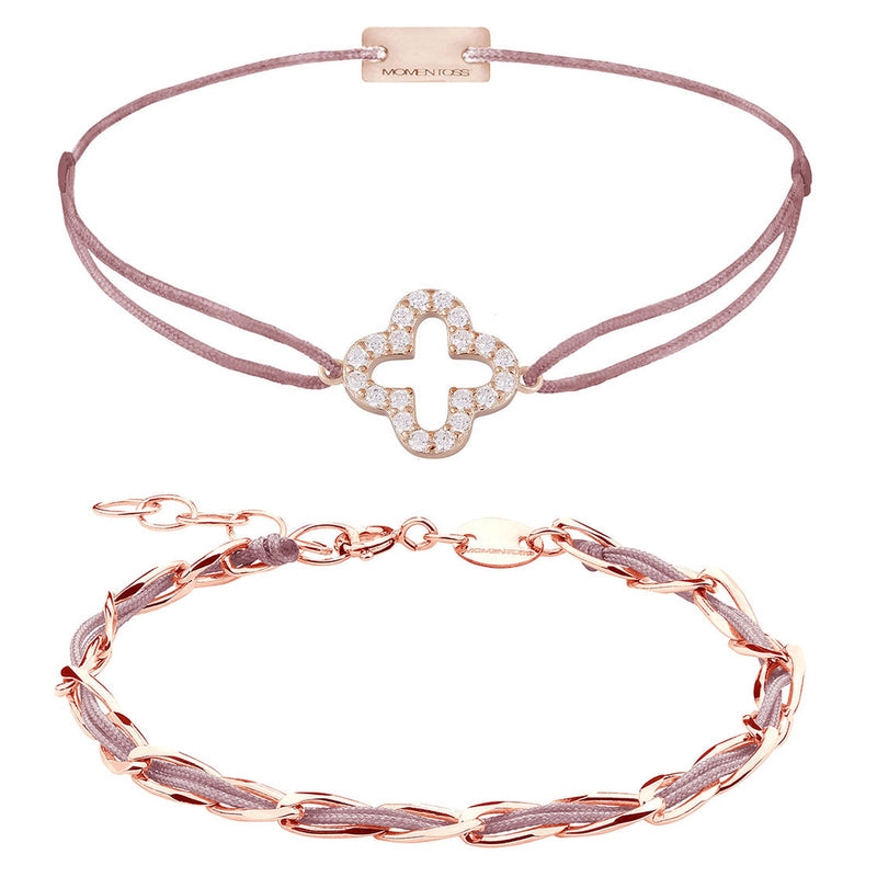 Armband Set Rosa-Braun, beide Armbänder im Überblick: Cloverleaf Zirkonia und Unico aus 925 Sterling Silber rosé vergoldet