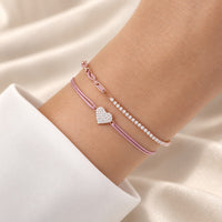 Armband Set Rosa-Braun am Handgelenk: Unico mit Zirkoniareihe und Herz pavé aus 925 Sterling Silber rosé vergoldet