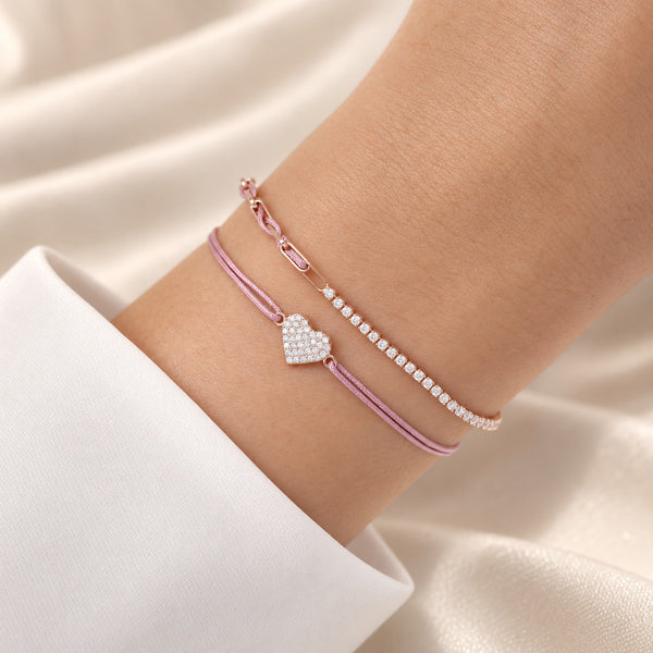 Armband Set Rosa-Braun am Handgelenk: Unico mit Zirkoniareihe und Herz pavé aus 925 Sterling Silber rosé vergoldet
