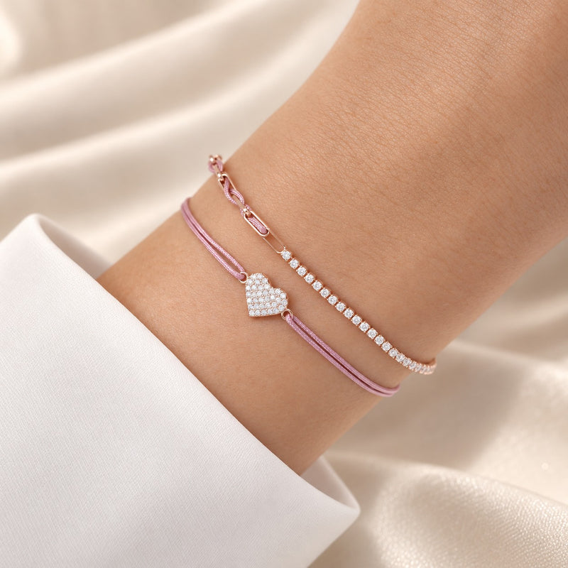 Armband Set Rosa-Braun am Handgelenk: Unico mit Zirkoniareihe und Herz pavé aus 925 Sterling Silber rosé vergoldet