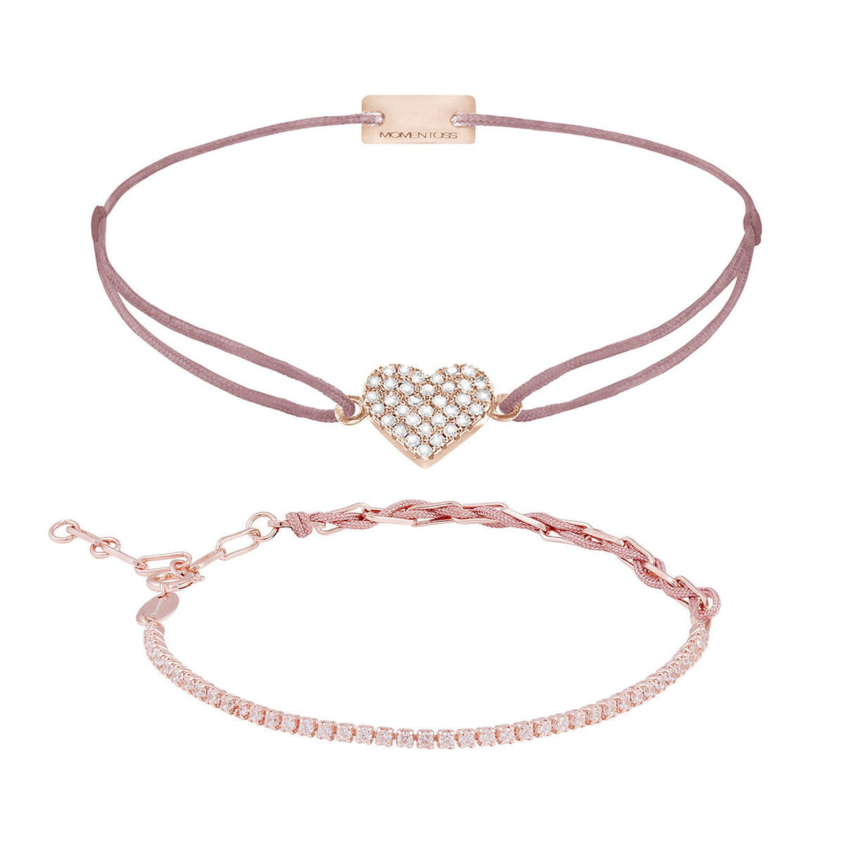 Armband Set Rosa-Braun, beide Armbänder im Überblick: Herz pavé und Unico Zirkonia aus 925 Sterling Silber rosé vergoldet