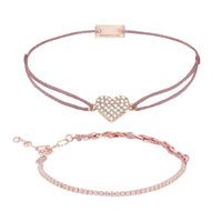 Armband Set Rosa-Braun, beide Armbänder im Überblick: Herz pavé und Unico Zirkonia aus 925 Sterling Silber rosé vergoldet