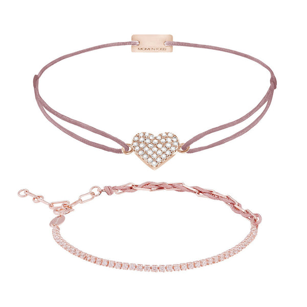 Armband Set Rosa-Braun, beide Armbänder im Überblick: Herz pavé und Unico Zirkonia aus 925 Sterling Silber rosé vergoldet