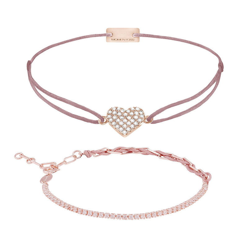 Armband Set Rosa-Braun, beide Armbänder im Überblick: Herz pavé und Unico Zirkonia aus 925 Sterling Silber rosé vergoldet