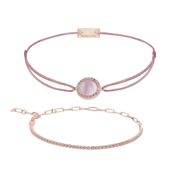 Armband Set Rosa-Braun, beide Armbänder im Überblick: Perlmutt und Unico Zirkonia aus 925 Sterling Silber rosé vergoldet