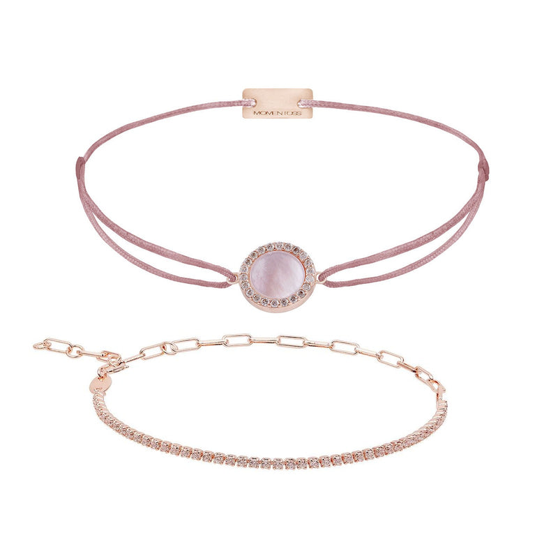 Armband Set Rosa-Braun, beide Armbänder im Überblick: Perlmutt und Unico Zirkonia aus 925 Sterling Silber rosé vergoldet