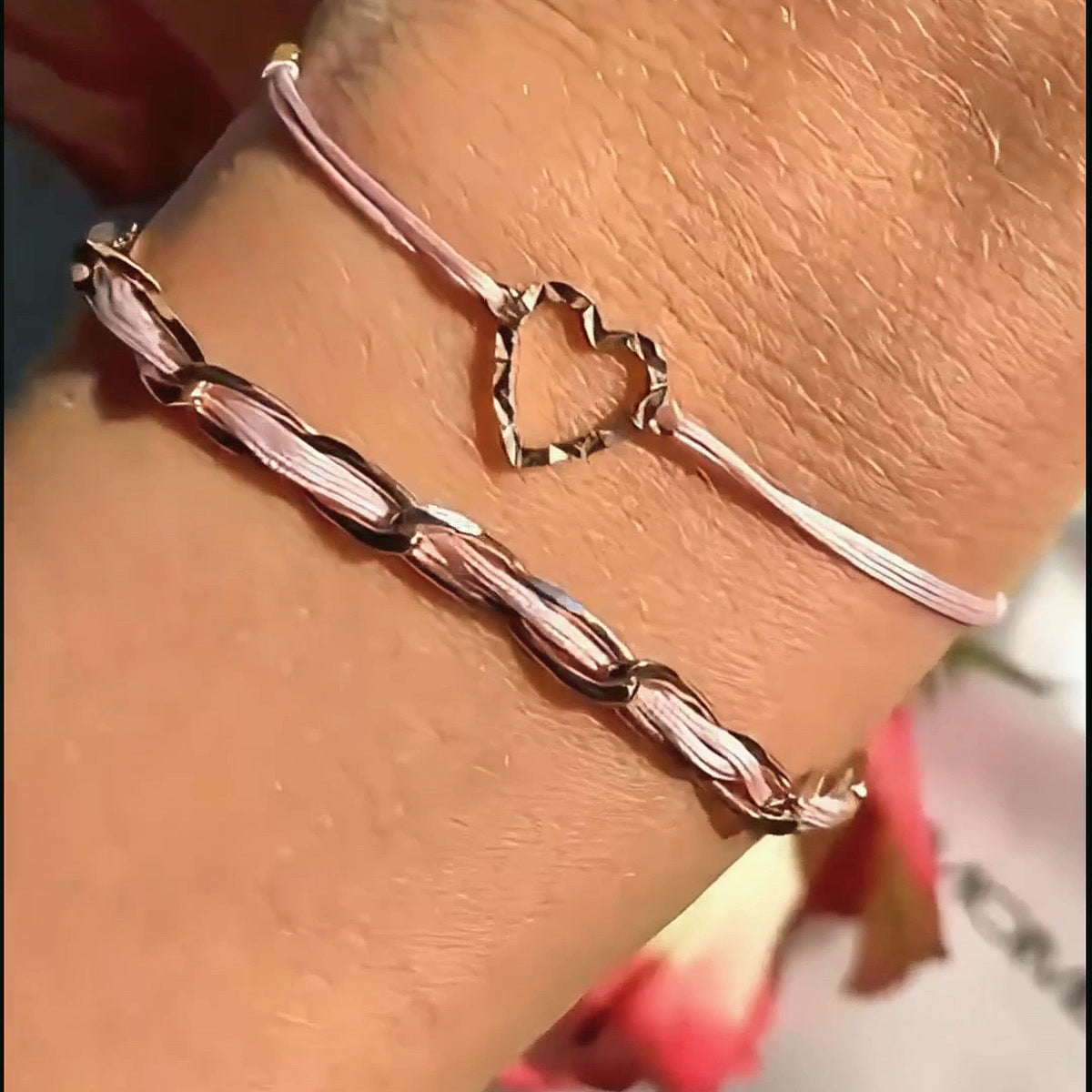 Armband Set Rosa Unico und Herz 925 Silber rosé am Handgelenk