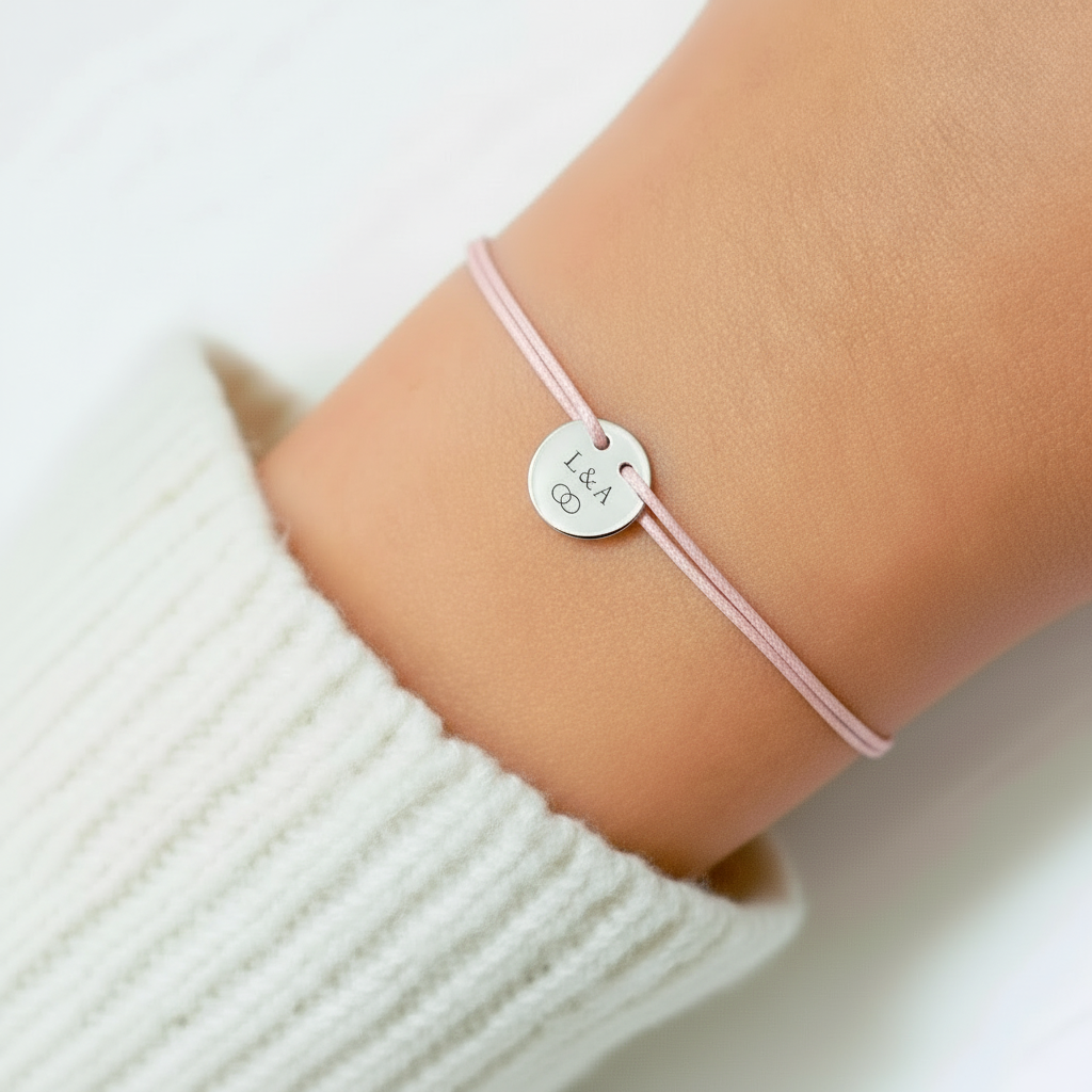Armband 925 Silber runde Gravurplatte personalisierbar dunkelrosa Momentoss Wien
