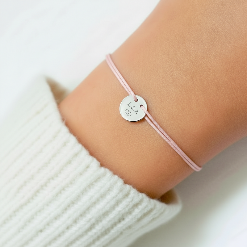Armband 925 Silber runde Gravurplatte personalisierbar dunkelrosa Momentoss Wien