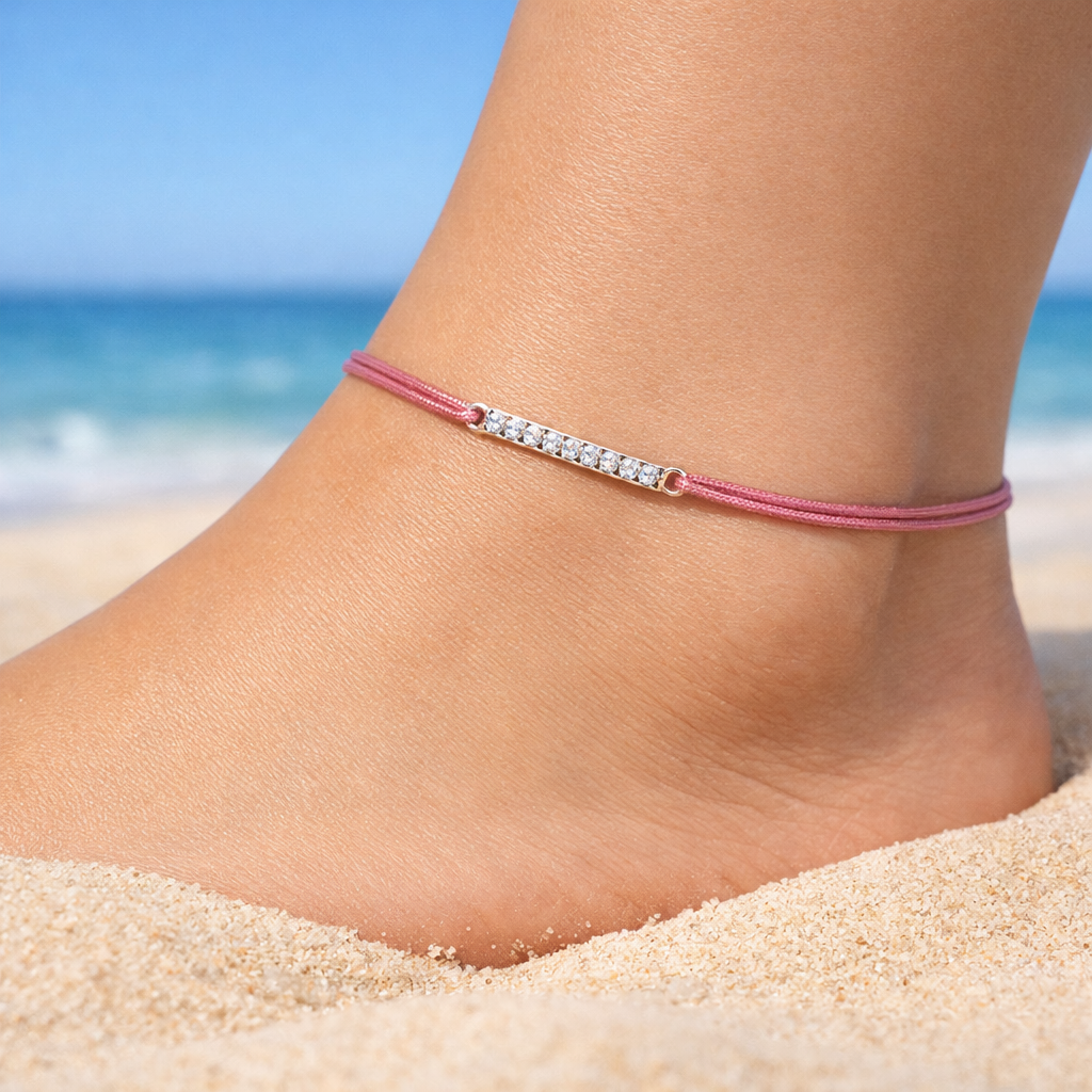Fußkette Silber rosé vergoldet Line, Textil rosa-braun