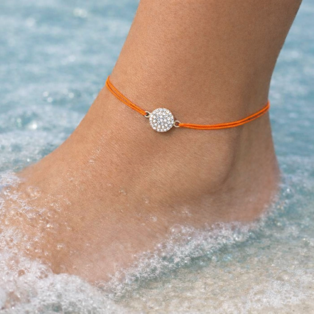 Fußkette Silber rhodiniert Rund pavé, Textil orange