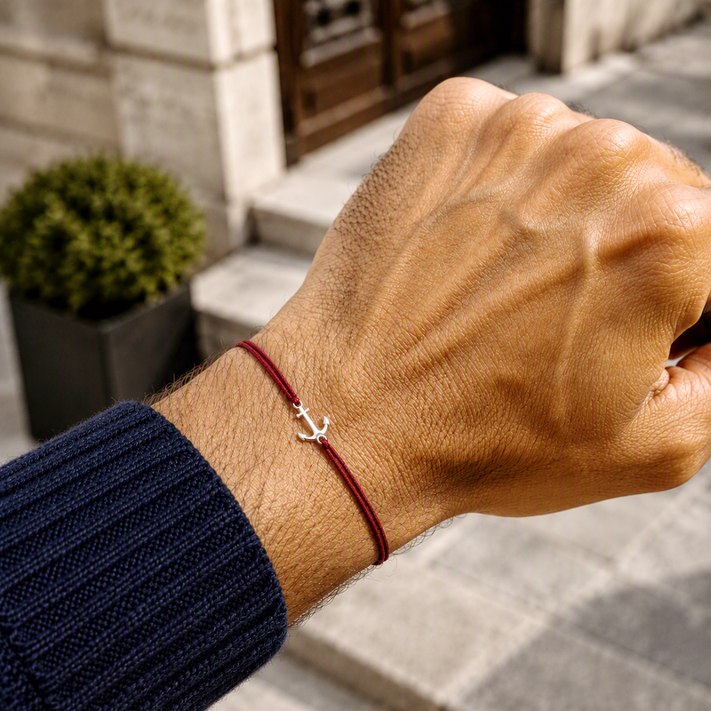 Herren Armband Silber rhodiniert Anker, Textil dunkelrot