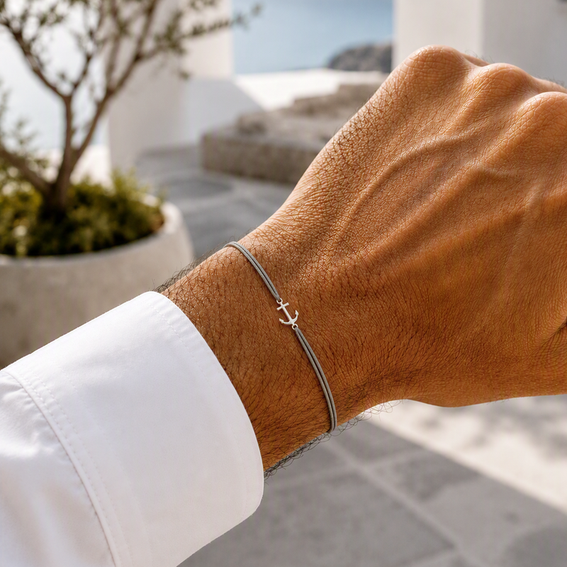 Herren Armband Silber rhodiniert Anker, Textil hellgrau