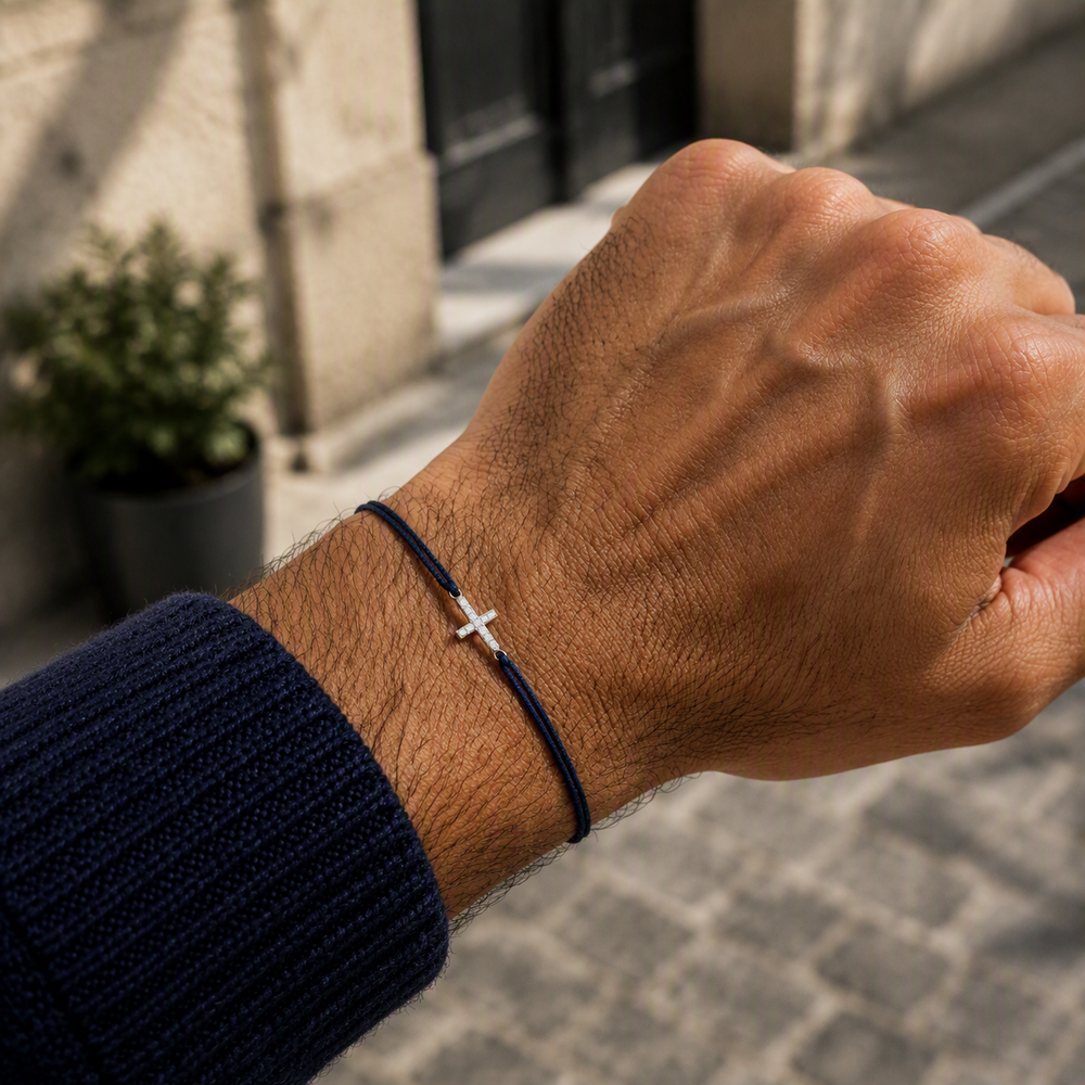 Herren Armband Silber rhodiniert Kreuz, Textil dunkelblau