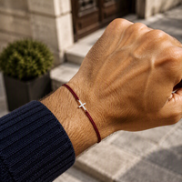 Herren Armband Silber rhodiniert Kreuz, Textil dunkelrot