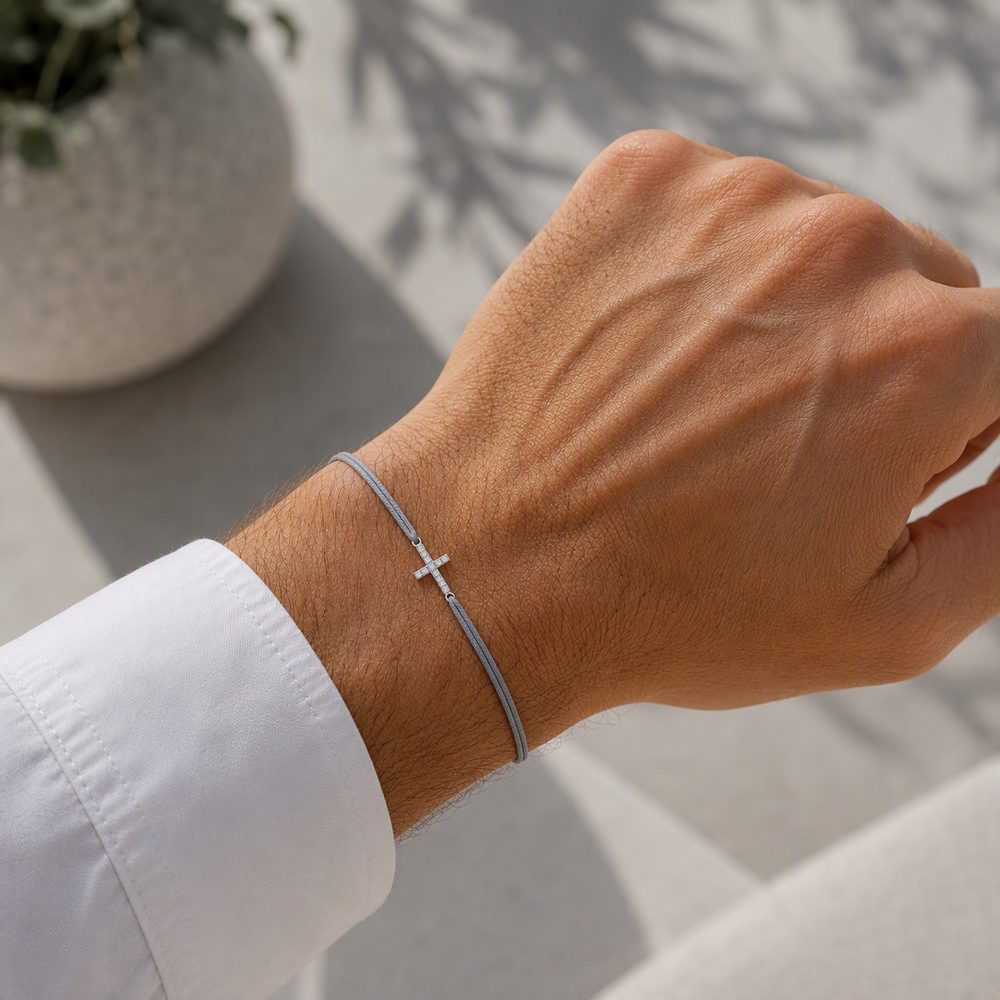 Herren Armband Silber rhodiniert Kreuz, Textil hellgrau