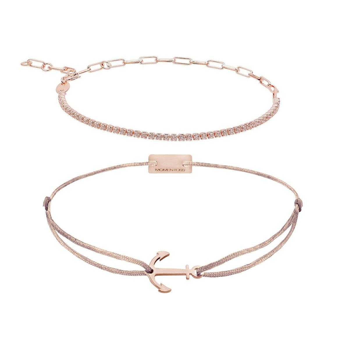 Armband Set Braun-Beige, beide Armbänder im Überblick: Zirkonia-Armband und Anker-Armband aus 925 Sterling Silber rosé vergoldet