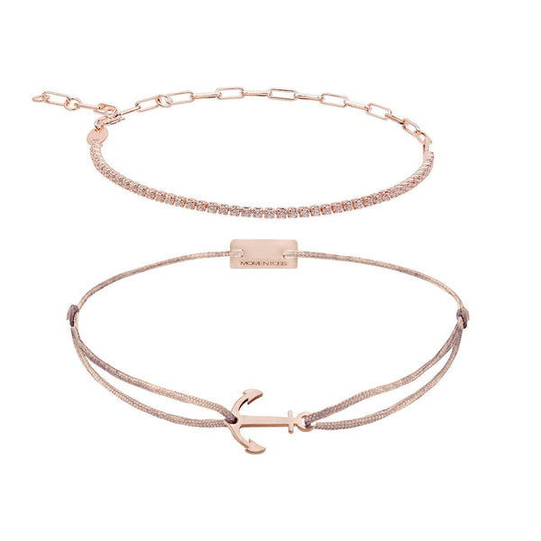 Armband Set Braun-Beige, beide Armbänder im Überblick: Zirkonia-Armband und Anker-Armband aus 925 Sterling Silber rosé vergoldet