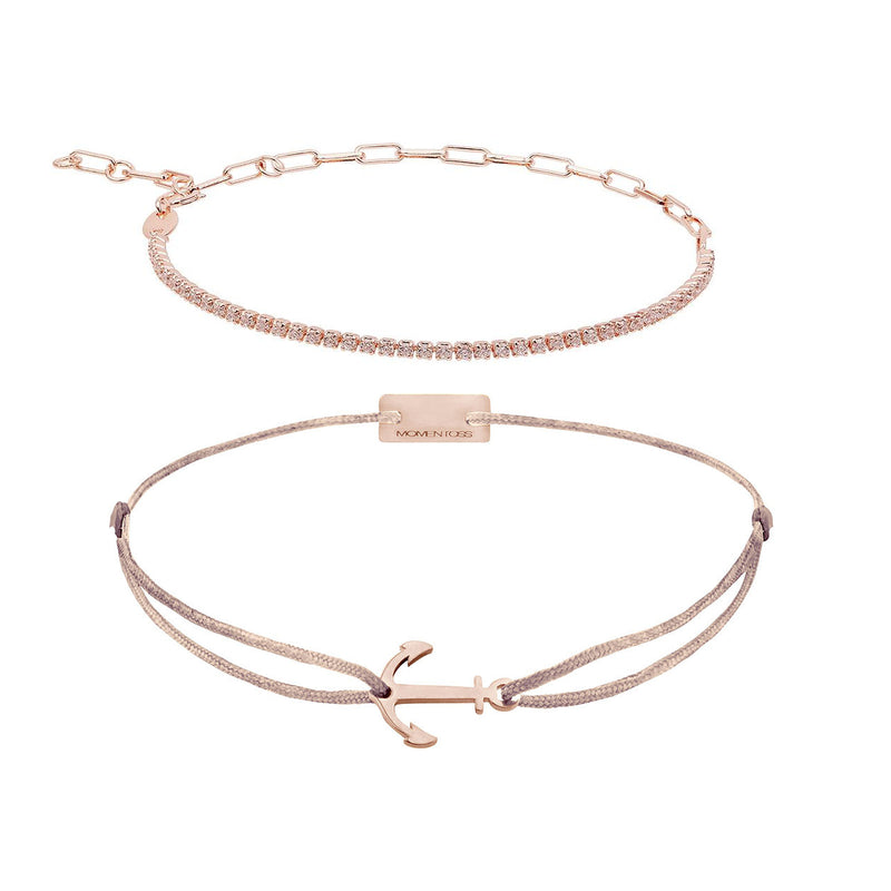 Armband Set Braun-Beige, beide Armbänder im Überblick: Zirkonia-Armband und Anker-Armband aus 925 Sterling Silber rosé vergoldet
