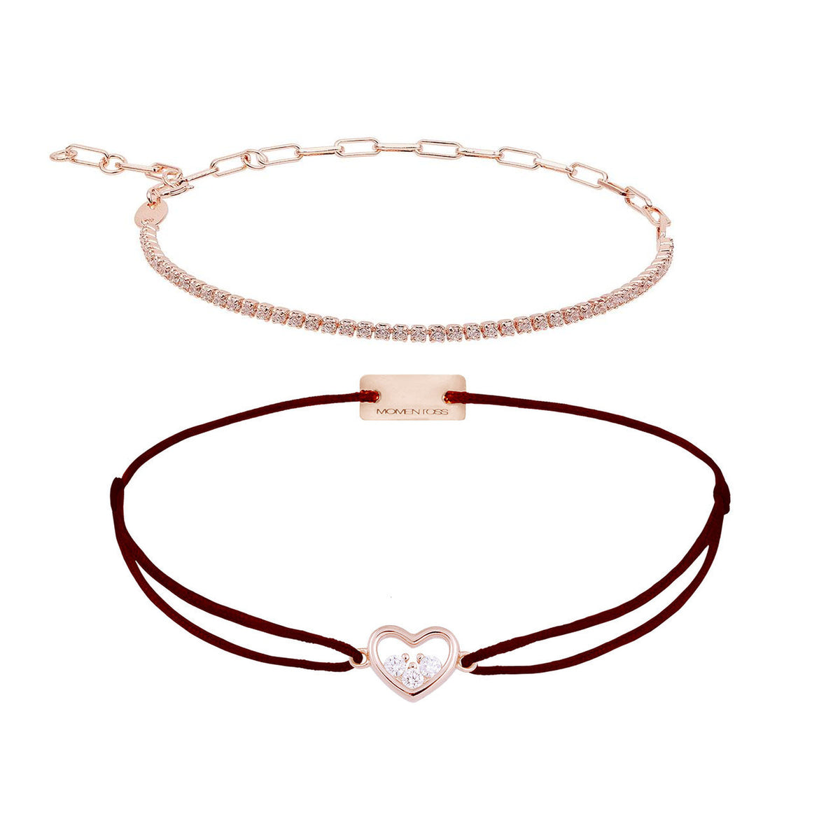 Armband Set Braun, beide Armbänder im Überblick: Zirkonia-Armband und Herz-Zirkonia-Armband aus 925 Sterling Silber rosé vergoldet