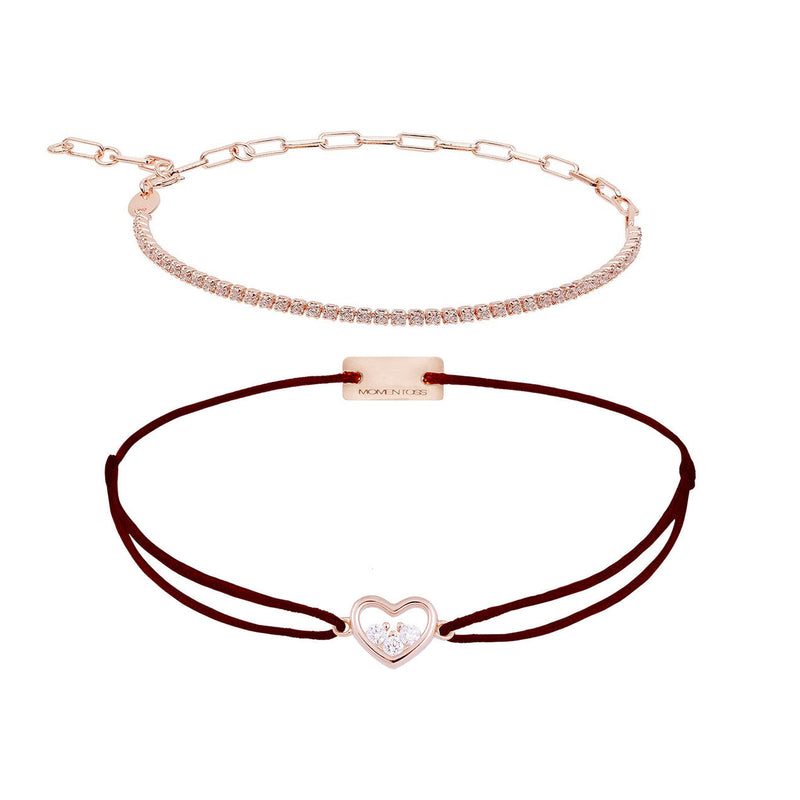 Armband Set Braun, beide Armbänder im Überblick: Zirkonia-Armband und Herz-Zirkonia-Armband aus 925 Sterling Silber rosé vergoldet