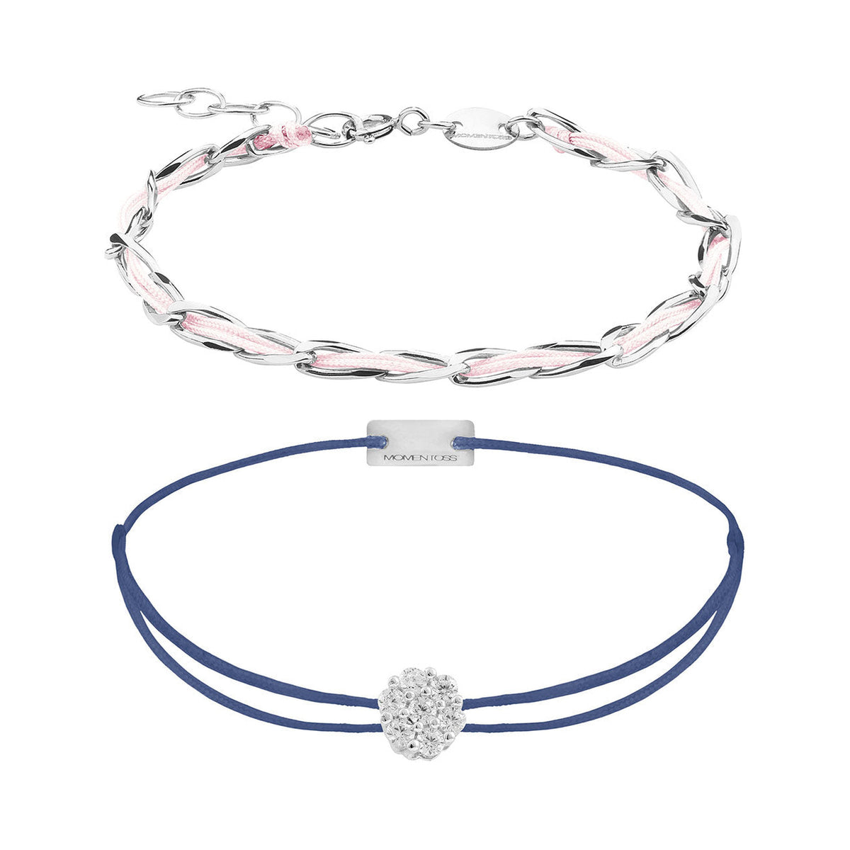 Armband Set Rosa-Blau, beide Armbänder im Überblick: Unico hellrosa und Zirkonia-Armband dunkelblau aus 925 Sterling Silber rhodiniert