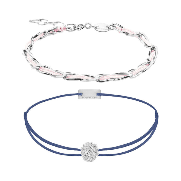 Armband Set Rosa-Blau, beide Armbänder im Überblick: Unico hellrosa und Zirkonia-Armband dunkelblau aus 925 Sterling Silber rhodiniert